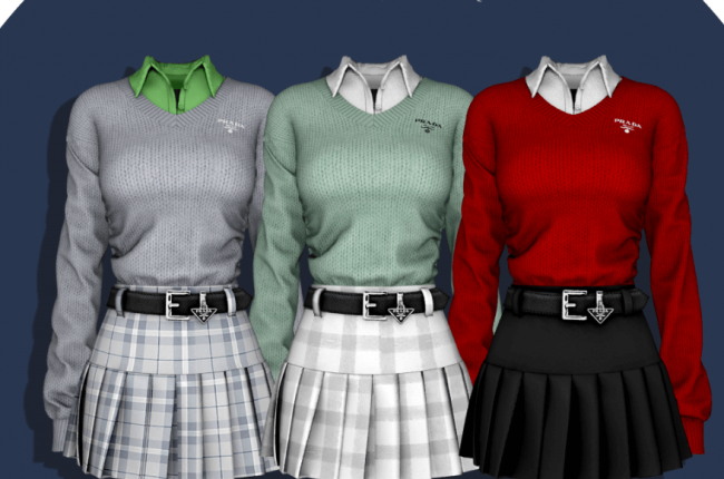 P V-neck Knit & Collar Shirt & P Belted Mini Pleats Skirt от RIMINGS