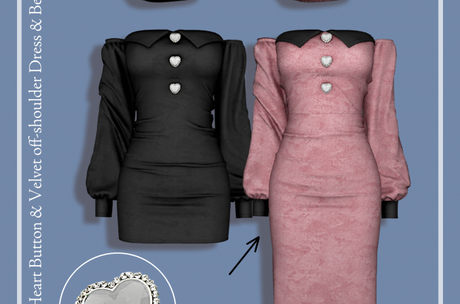 Heart Button & Velvet off-shoulder Dress & Beret от RIMINGS